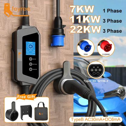 feyree Portable EV Charger Type2 22KW 11KW 3P Fast Charging 7KW 32A 1P for Electric Car Adjusting Current Setting Charging Time