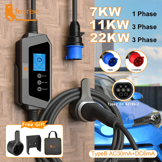 feyree Portable EV Charger Type2 22KW 11KW 3P Fast Charging 7KW 32A 1P for Electric Car Adjusting Current Setting Charging Time