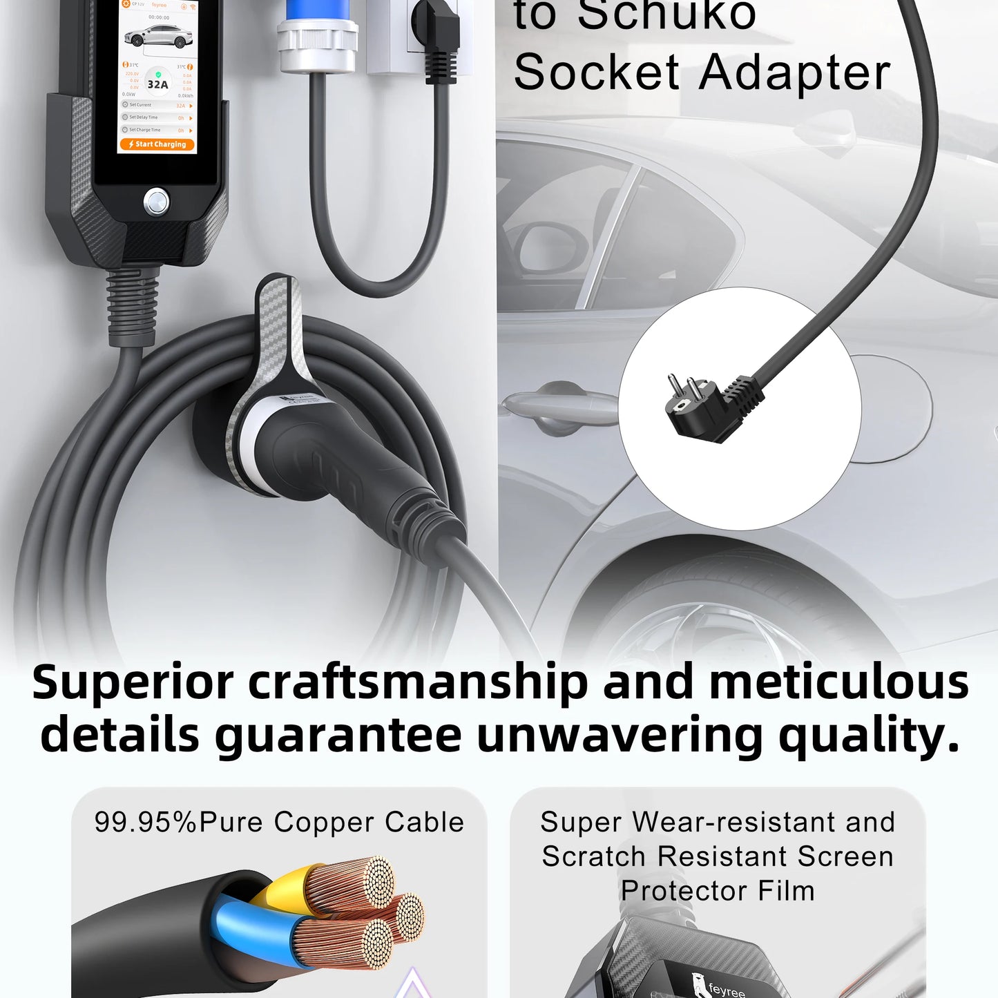 feyree 4.3 Inch Touch Screen Portable 7kW EV Charger Type2 Charging Plug with Smart Wifi APP AC Home Charger Professional Design