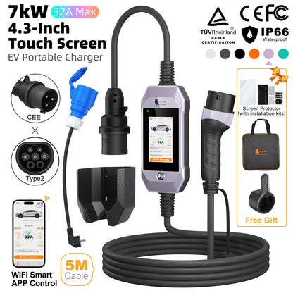feyree 4.3 Inch Touch Screen Portable 7kW EV Charger Type2 Charging Plug with Smart Wifi APP AC Home Charger Professional Design
