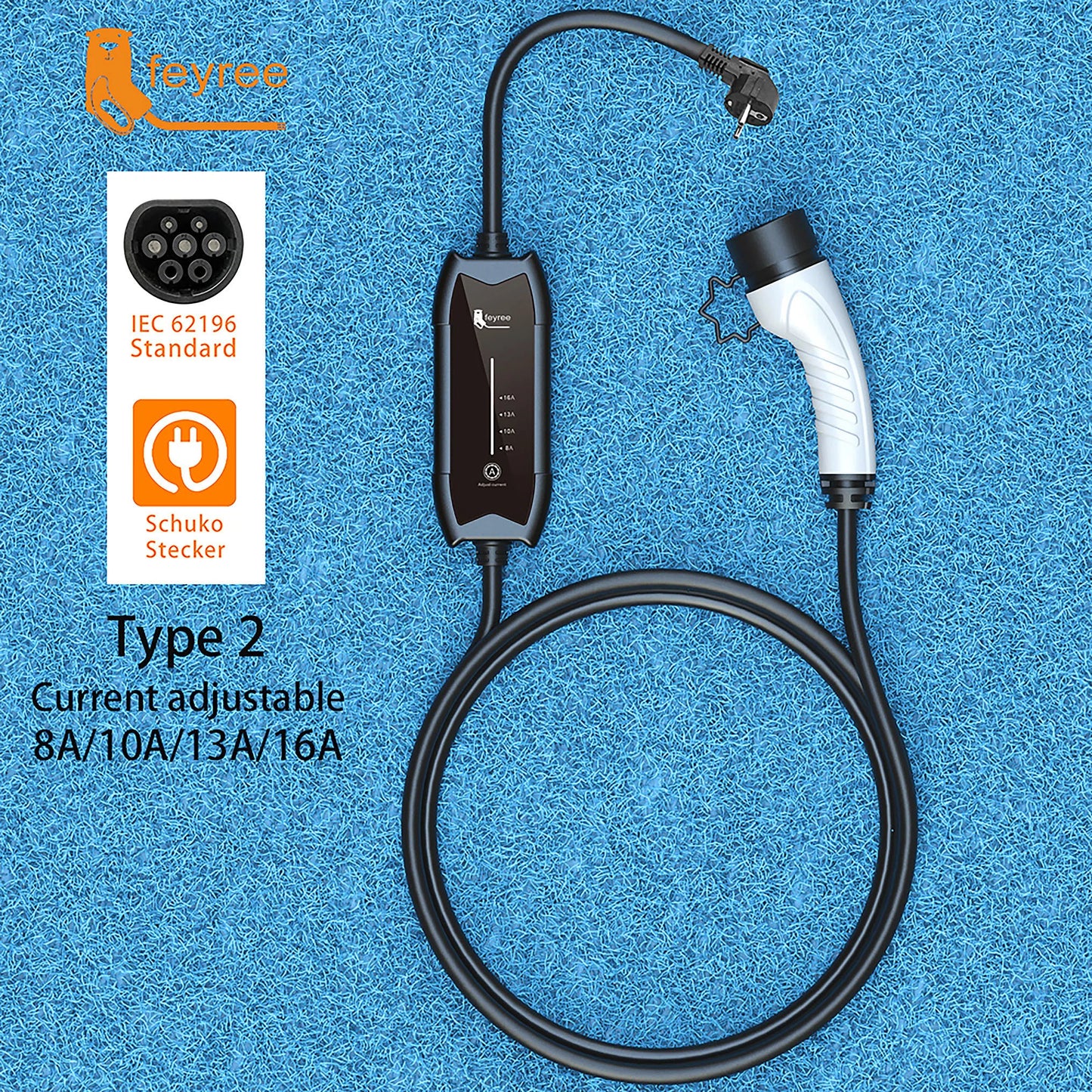 feyree EV Portable Charger Type2 / GB/T Plug 16A Single Phase 3.5KW Type1 3.5m Wallbox Charging Station for Electric Vehicle