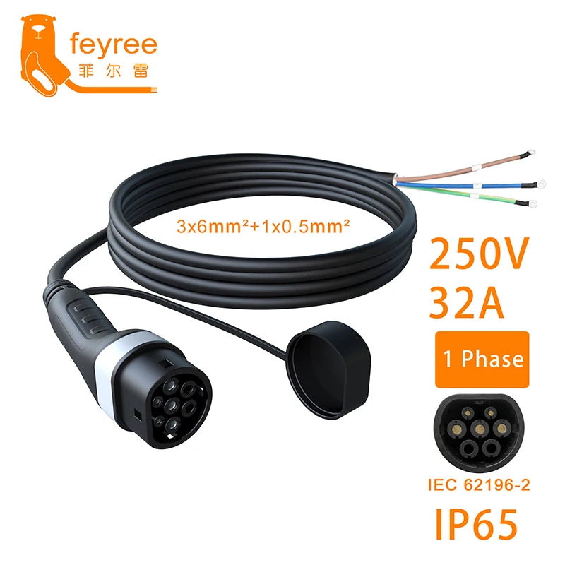 feyree EV Charger Plug Type2 Socket 5m Cable 16A 3.5kW 32A 7kW 1Phase for Car Side 16A 11kW 32A 22kW 3Phase for Electric Vehicle