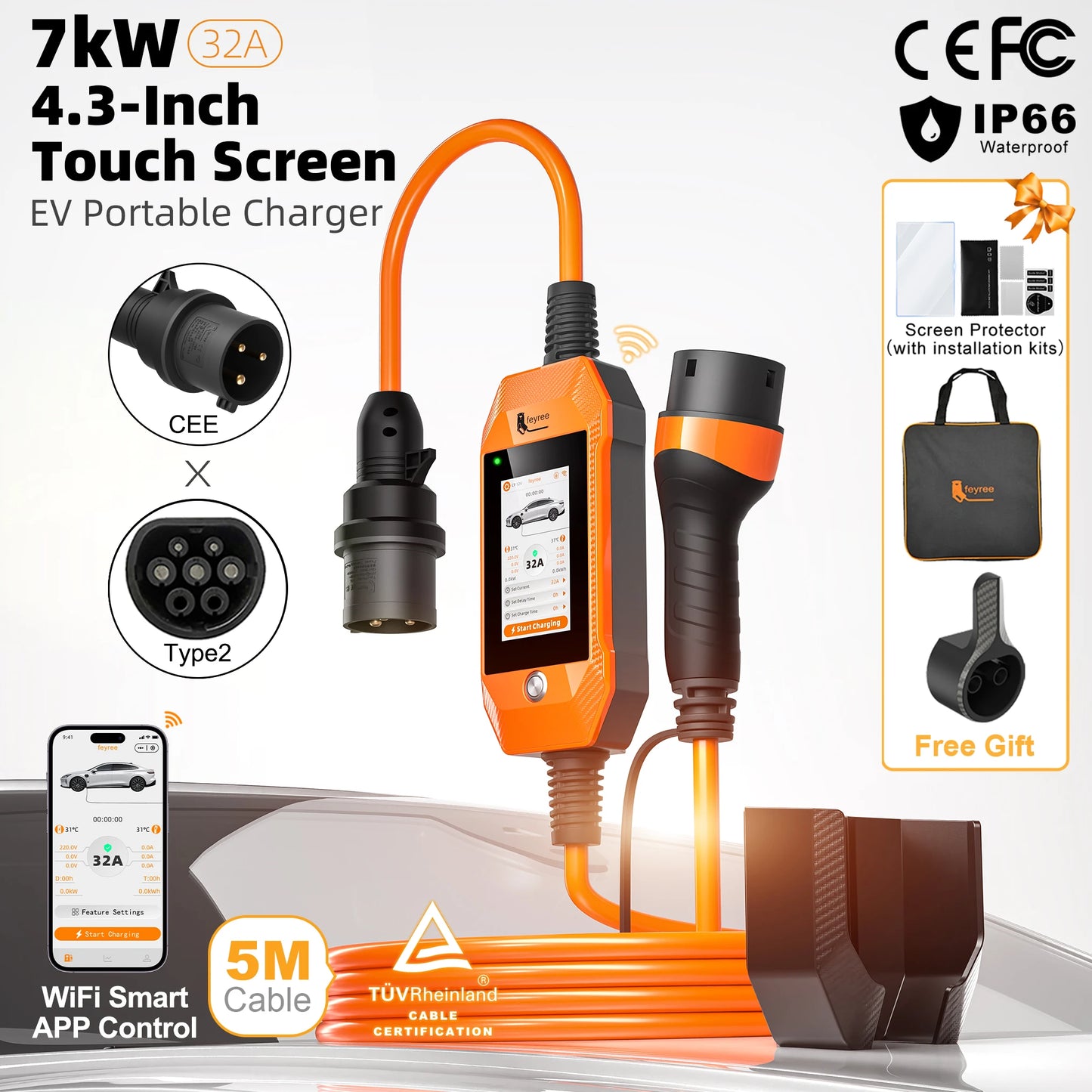 feyree 4.3 inch Touch Screen Type2 7kW 32A Adjustable Portable EV Charger with Adapter Smart APP Wi-Fi Control for Electric Cars
