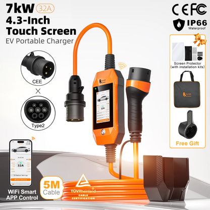 feyree 4.3 inch Touch Screen Type2 7kW 32A Adjustable Portable EV Charger with Adapter Smart APP Wi-Fi Control for Electric Cars