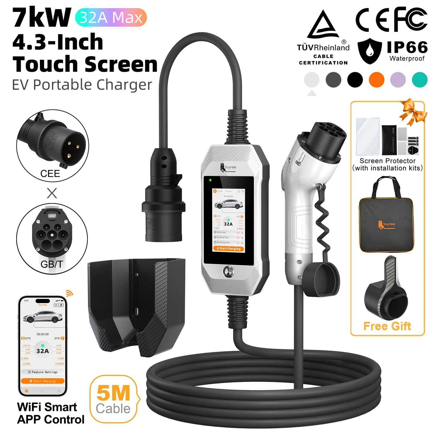 feyree GB/T EV Charger 7kW 32A 1P Touch Screen 4.3inch Smart WIFI APP Control EVSE Portable Charging Box forElectric Car Charger