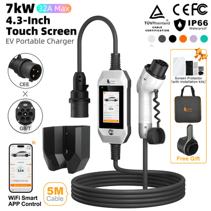 feyree GB/T EV Charger 7kW 32A 1P Touch Screen 4.3inch Smart WIFI APP Control EVSE Portable Charging Box forElectric Car Charger