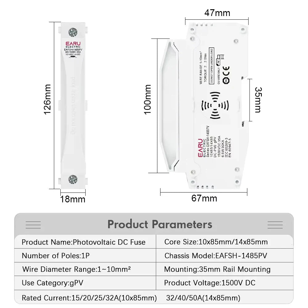 Din Rail Solar Fuses DC 1000V 1500V PV Photovoltaic 20A 25A 30A Fuse Holder Base for Solar System Short Circuit Protection gPV