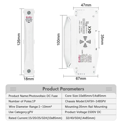 Din Rail Solar Fuses DC 1000V 1500V PV Photovoltaic 20A 25A 30A Fuse Holder Base for Solar System Short Circuit Protection gPV