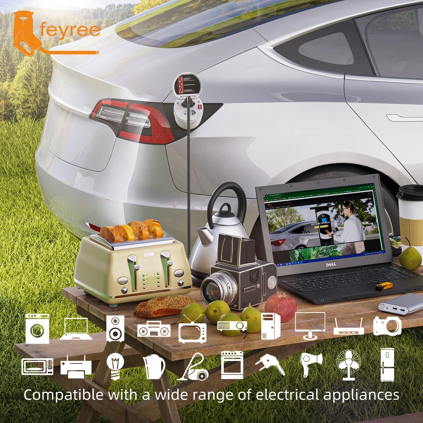 feyree Type2 V2L Discharger Adapter for MG/Kia/Hyundai/Chinese EVs,Vehicle to Load Power Converter and Safety Switch for Camping