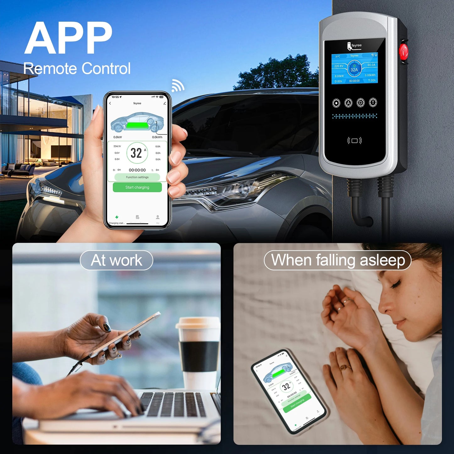 feyree Type2 EV Charger 4.3inch Screen 32A 7.6kW Dynamic Load Balancing 11kW 22kW 3Phase EVSE Wallbox APP with Charge History