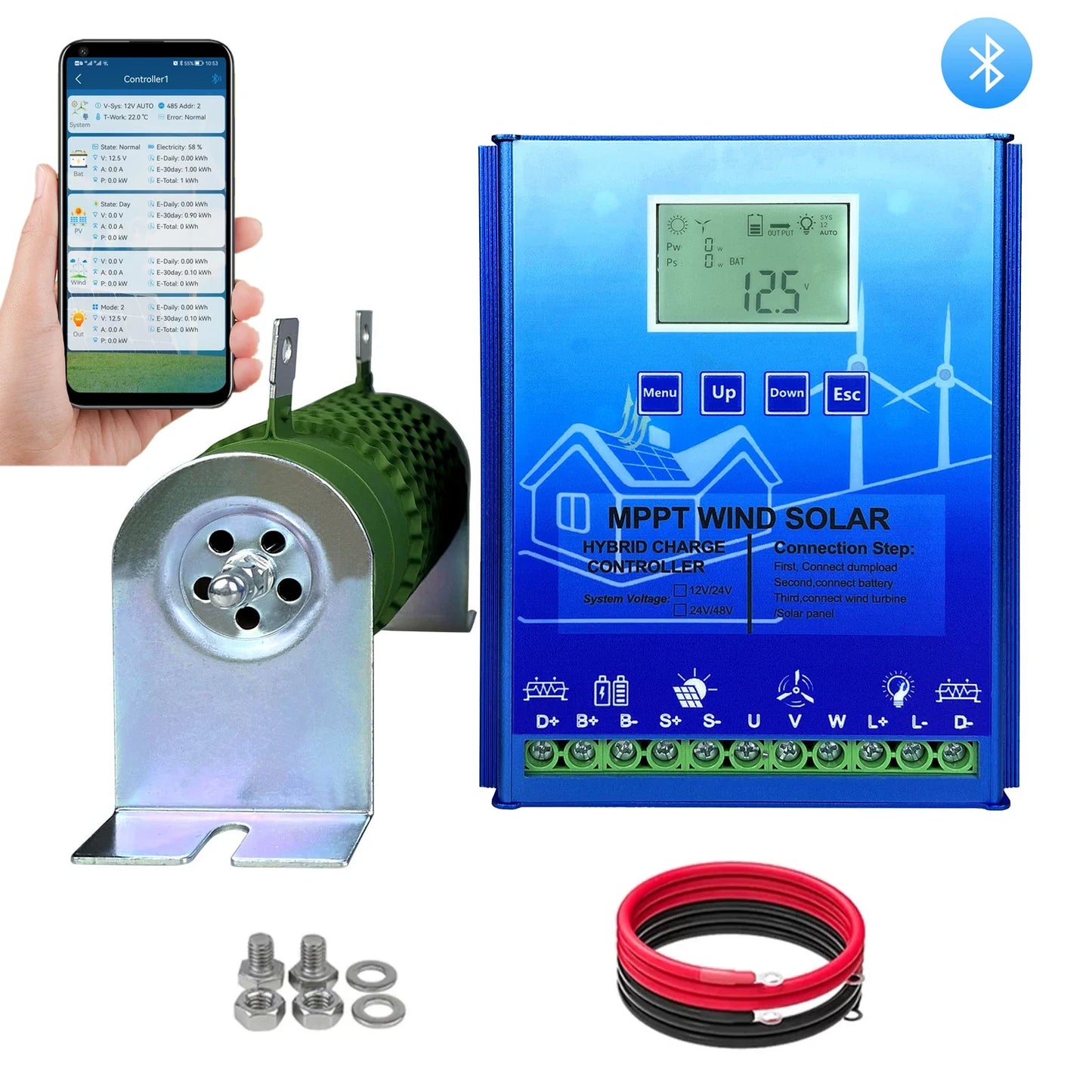 12V 24V 48V 2000W MPPT Hybrid Wind Solar Charge Controller With LCD Display And Bluetooth For Lifepo4 Batteries by 54Grid - Renewable Energy Store
