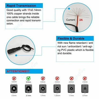 20AWG 5A DC Power Pigtail Wires 5V 12V Male Female Barrel Jack Cable by 54Grid - Renewable Energy Store