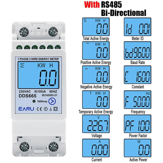 Multifunction 230V 100A Bi-Directional Energy Meter Reset Zero Kwh Solar PV Power Voltage Current Frequency RS485 Communication by 54Grid - Renewable Energy Store