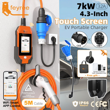 feyree Portable EV Charger 4.3" Touchscreen 7kW 32A GBT Plug, Smart APP WiFi Control, with Charging Log History for Electric Car