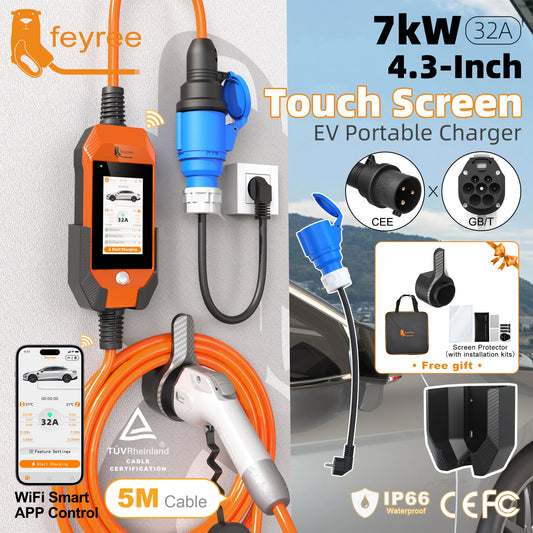 feyree Portable EV Charger 4.3" Touchscreen 7kW 32A GBT Plug, Smart APP WiFi Control, with Charging Log History for Electric Car