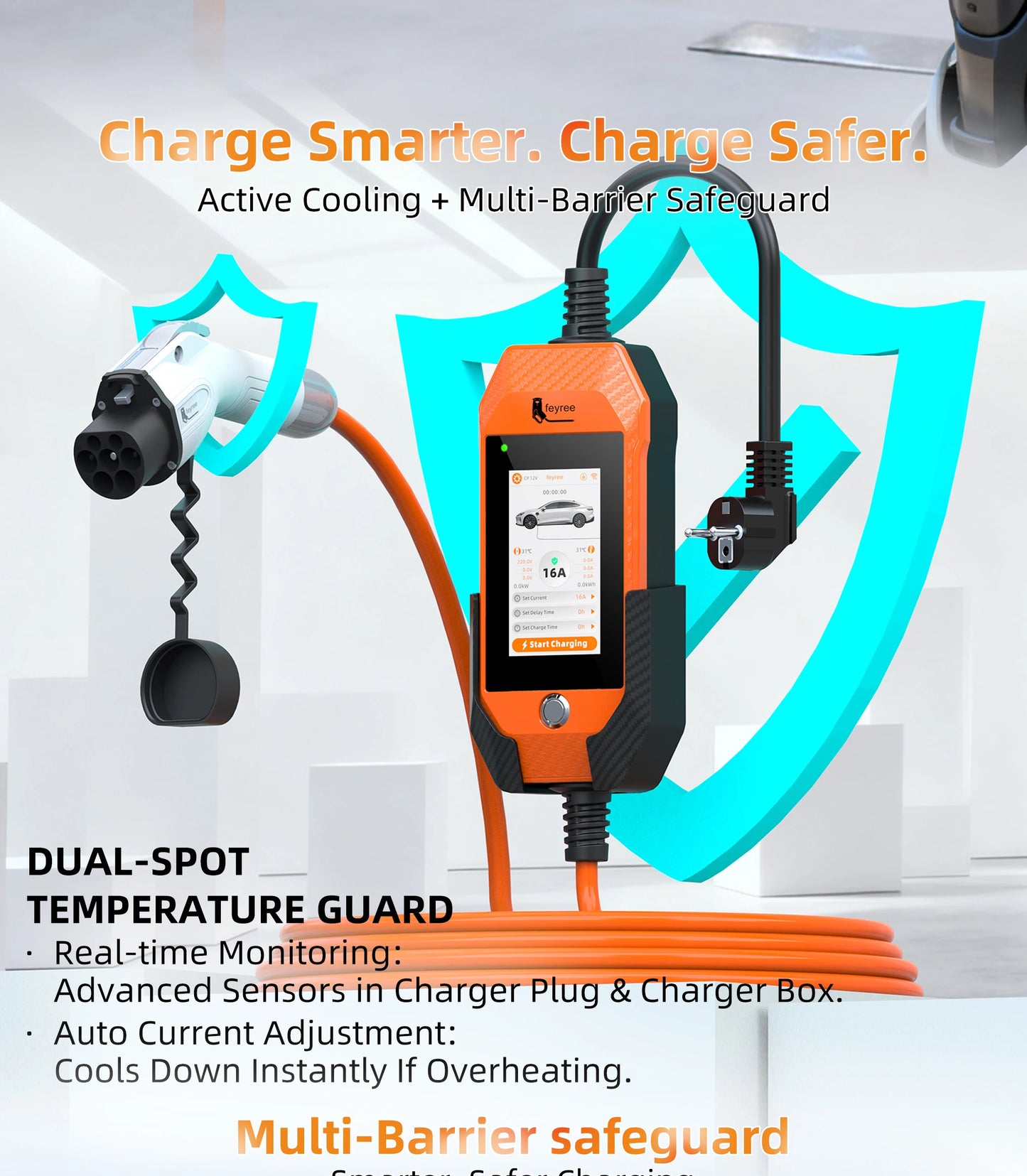 feyree GB/T EV charger 16A 3.5kW 1Phase 4.3'' Touchscreen & Smart APP OTA Version Current Adjustable for Electric Car Charger