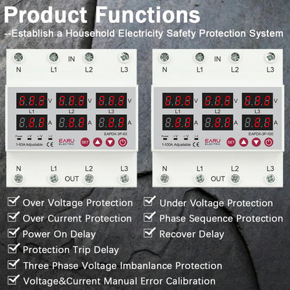 Three Phase Voltage Current Adjustable Over Under Voltage Current Limit Protection Relay Protector 3*220V 380V 63A 100A Din Rail