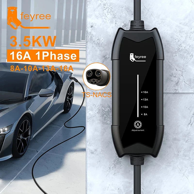 feyree 3.5kW 16A 1Phase Adjustable Current Portable EV Charger Fast Charging with TS-NACS Charger Plug Compatible for Tesla Cars