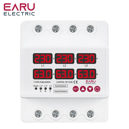 Three Phase Voltage Current Adjustable Over Under Voltage Current Limit Protection Relay Protector 63A 100A with Automatic Reset