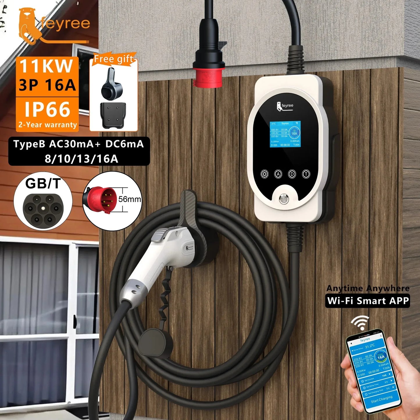 feyree GB/T Socket 11KW 16A 3Phase EV Charger EVSE Wallbox Smart APP Control EV Charging Station CEE Plug for Electric Vehicle by 54Grid - Renewable Energy Store
