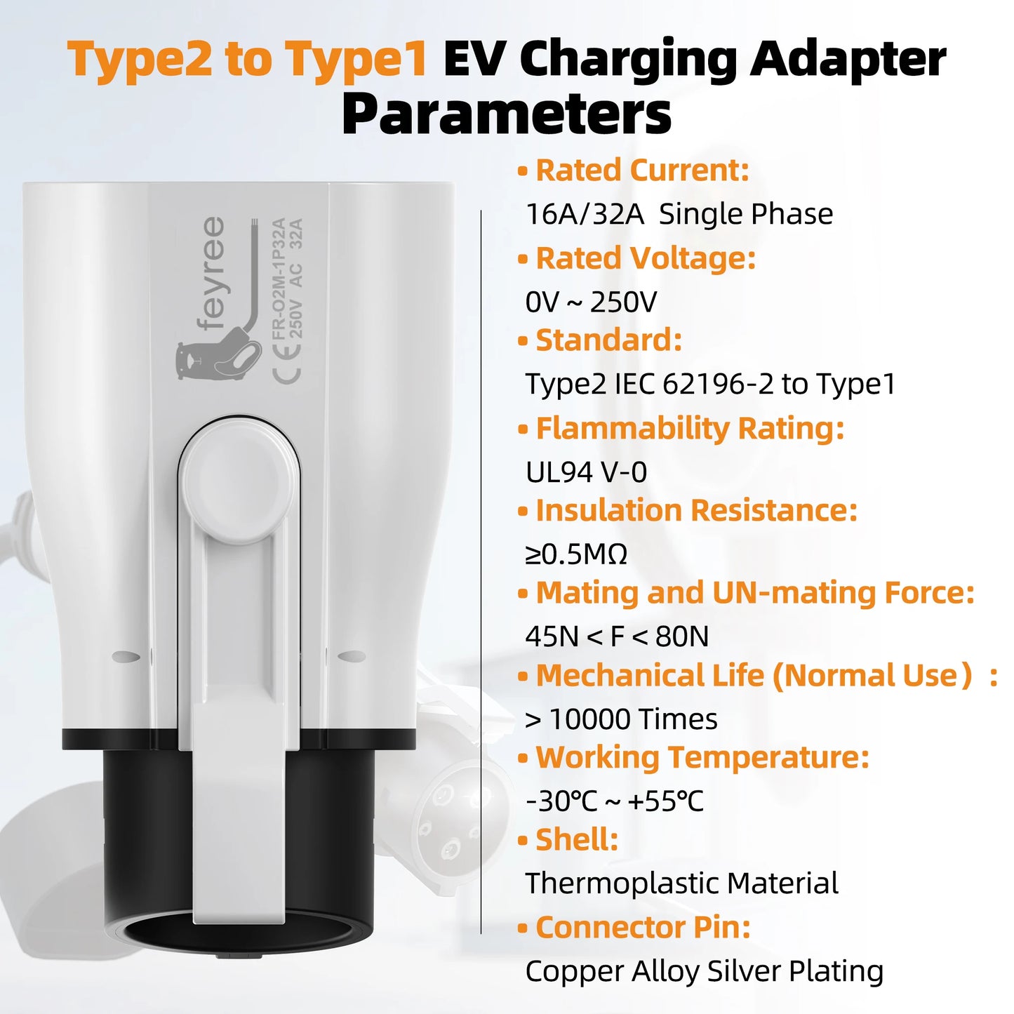 feyree EV Charger Adapter Type2 IEC62196-2 to Type1 Car Charging Socket AC Charger Adapter 32A 1Phase 3.5KW 7KW Max Electric Car