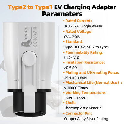 feyree EV Charger Adapter Type2 IEC62196-2 to Type1 Car Charging Socket AC Charger Adapter 32A 1Phase 3.5KW 7KW Max Electric Car
