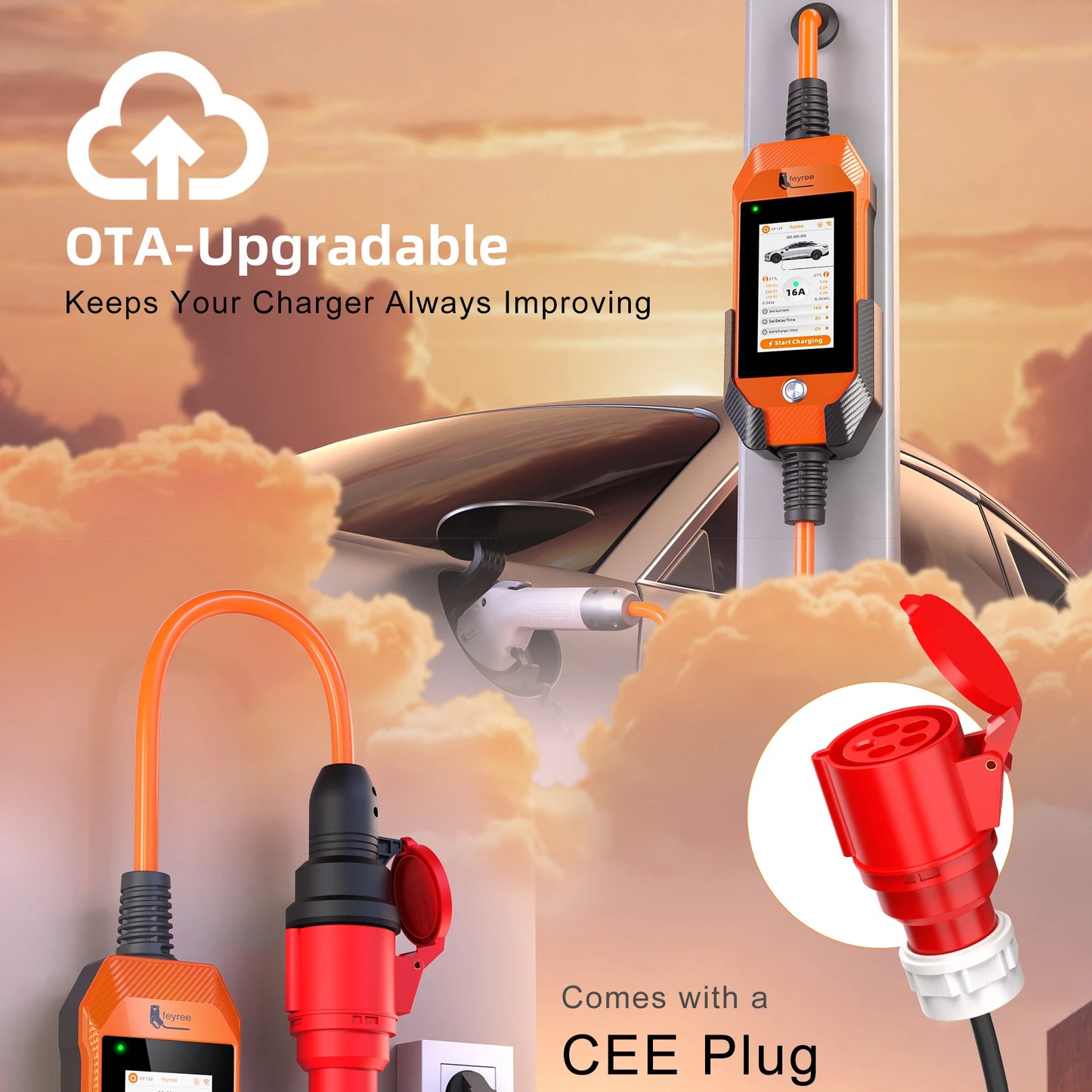feyree 11kW 16A 3P Portable EV Charger GB/T Plug 4.3" Touchscreen & Charge History WIFI APP Ctrl Smart EVSE for Electric Vehicle
