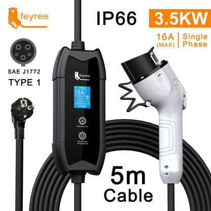 feyree Type2 3.5KW 16A Adjust Current EV Charger Portable Charging Box Set Current&Delay Time with Schuko Plug for Electric Ca