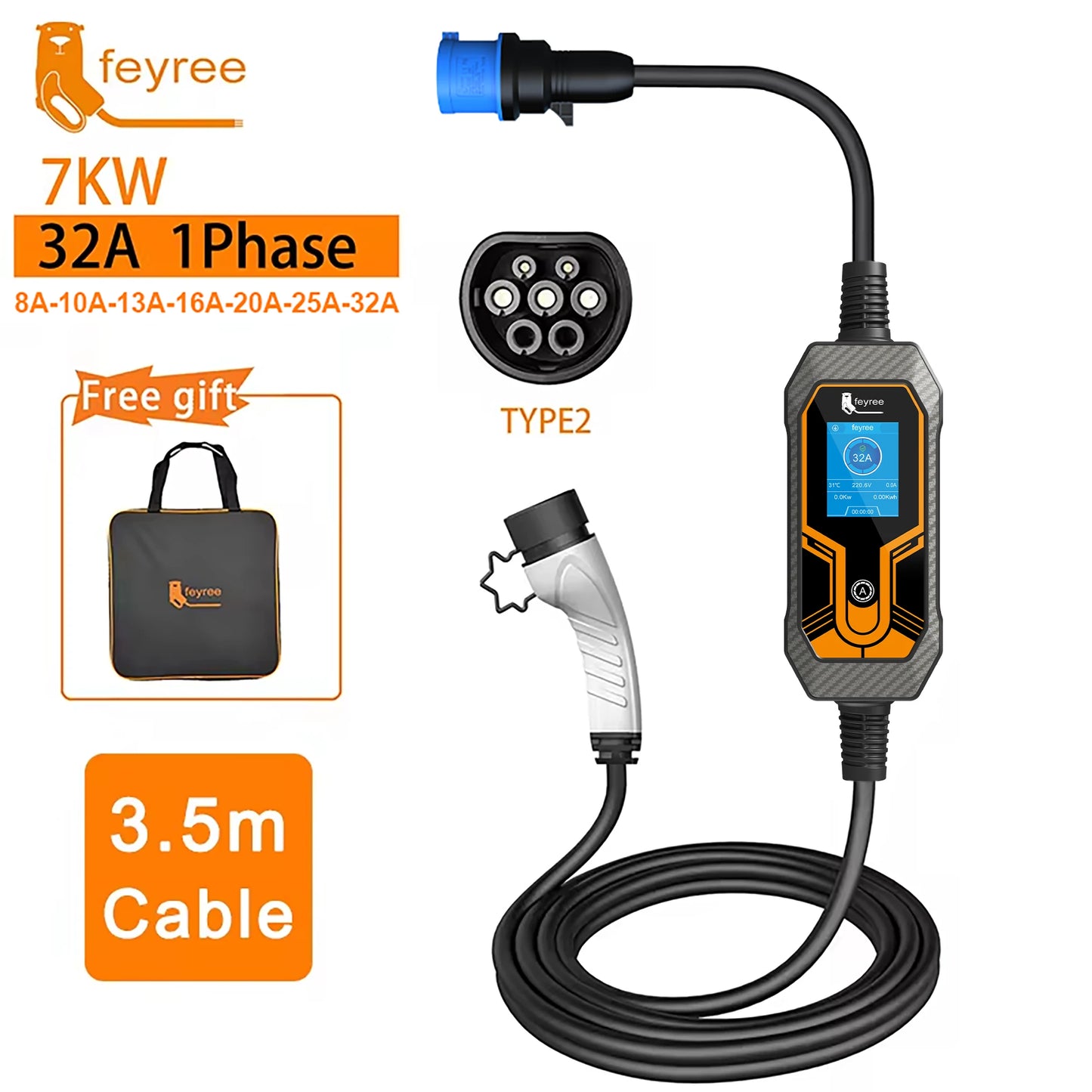 feyree Portable EV Charger Wallbox Type2 Cable 32A 7KW with CEE Plug EVSE Type1 Charging Box j1772 Adapter for Electric Vehicle