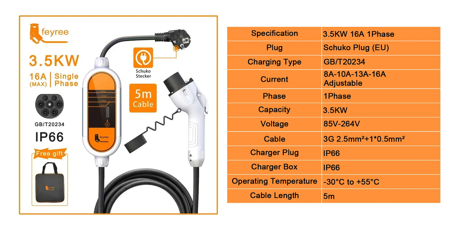 feyree GB/T Cord EV Charger 16A 3.5KW 1Phase Portable Charger Box Current Adjustable 5M Charging Cable for Electric Vehicle