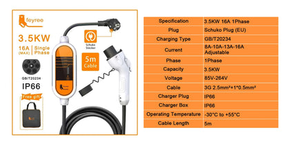 feyree GB/T Cord EV Charger 16A 3.5KW 1Phase Portable Charger Box Current Adjustable 5M Charging Cable for Electric Vehicle