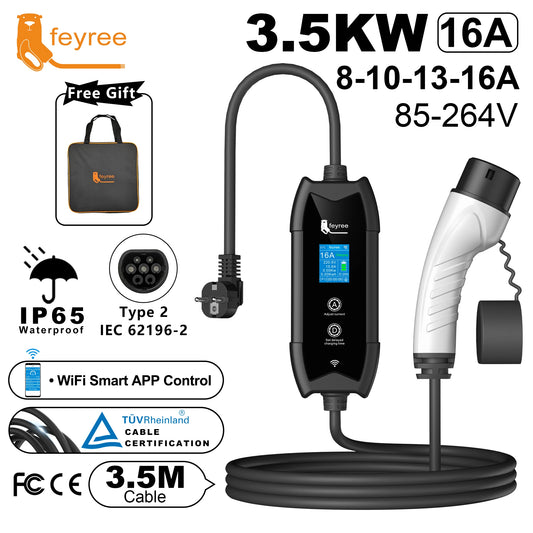 feyree Portable EV Charger Type2 IEC62196-2 EVSE Fast Charging 3.5M Cable EVSE Wallbox WiFi APP Bluetooth Wireless Control