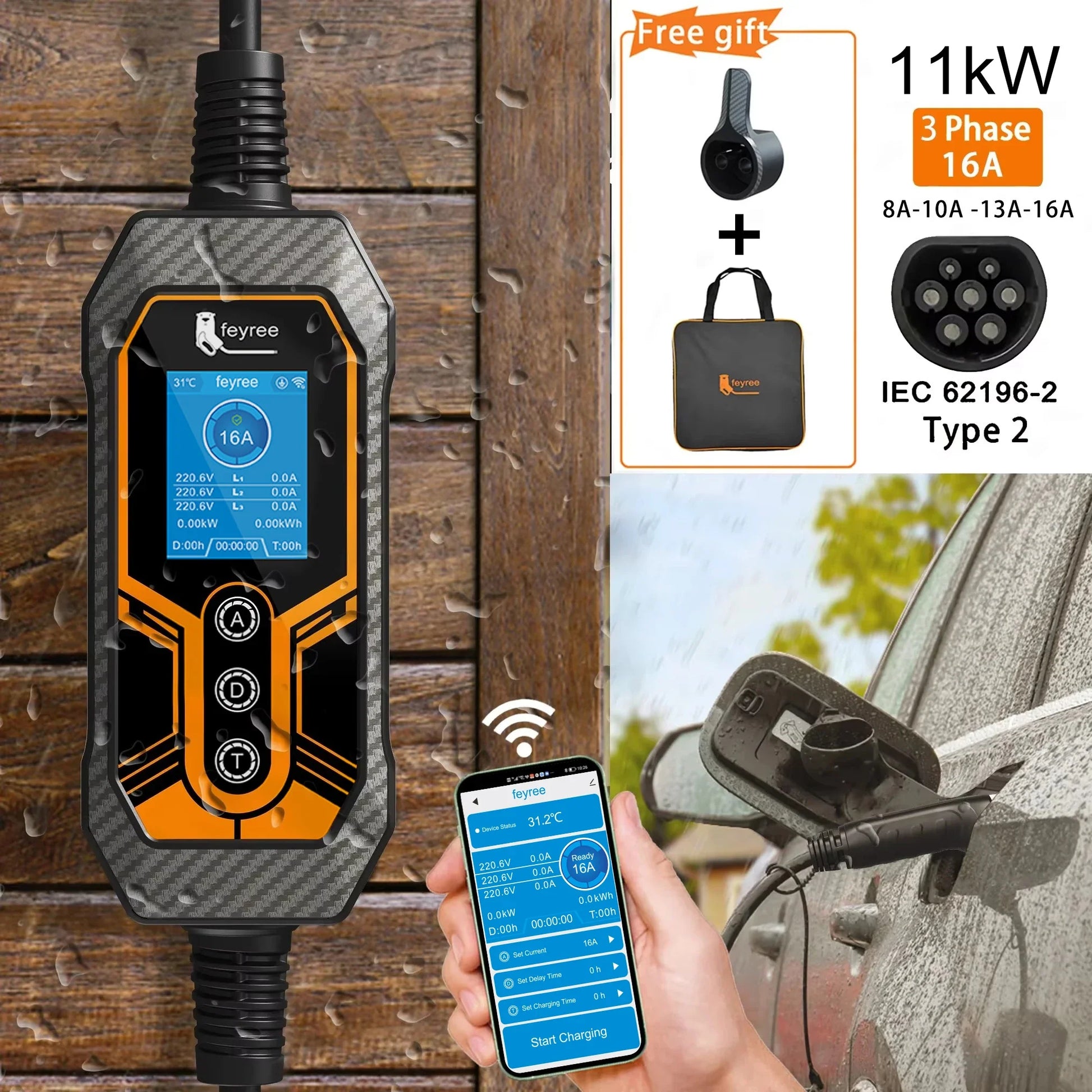 feyree Type2 11kW 16A 3 Phase Portable EV Charger Wi-Fi APP Bluetooth Version EVSE Charging Cable 5m CEE Plug for Electric Car by 54Grid - Renewable Energy Store