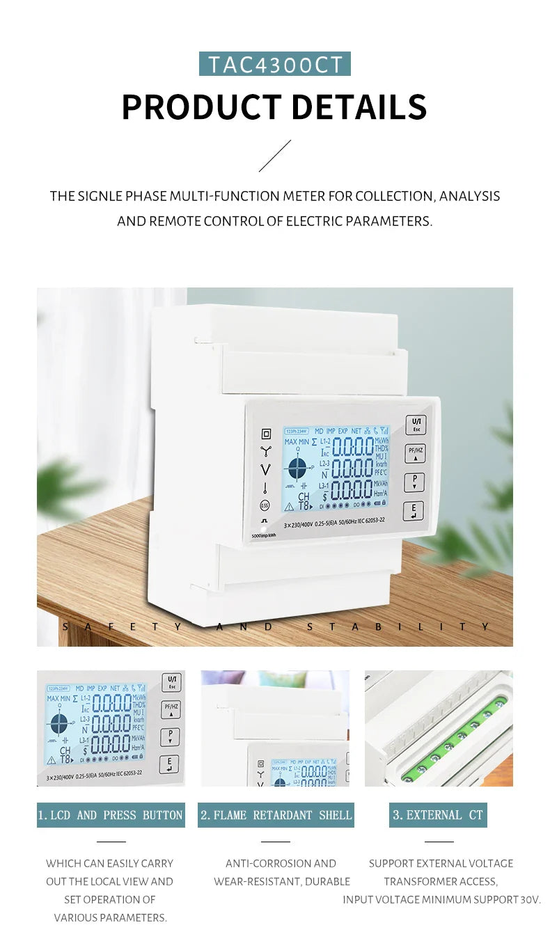 Din Rail 3 Phase Energy Monitor Consumption Power Meter kwh Ammeter With 3PCS RS485 Modbus 50/100/15/200CT 230VAC
