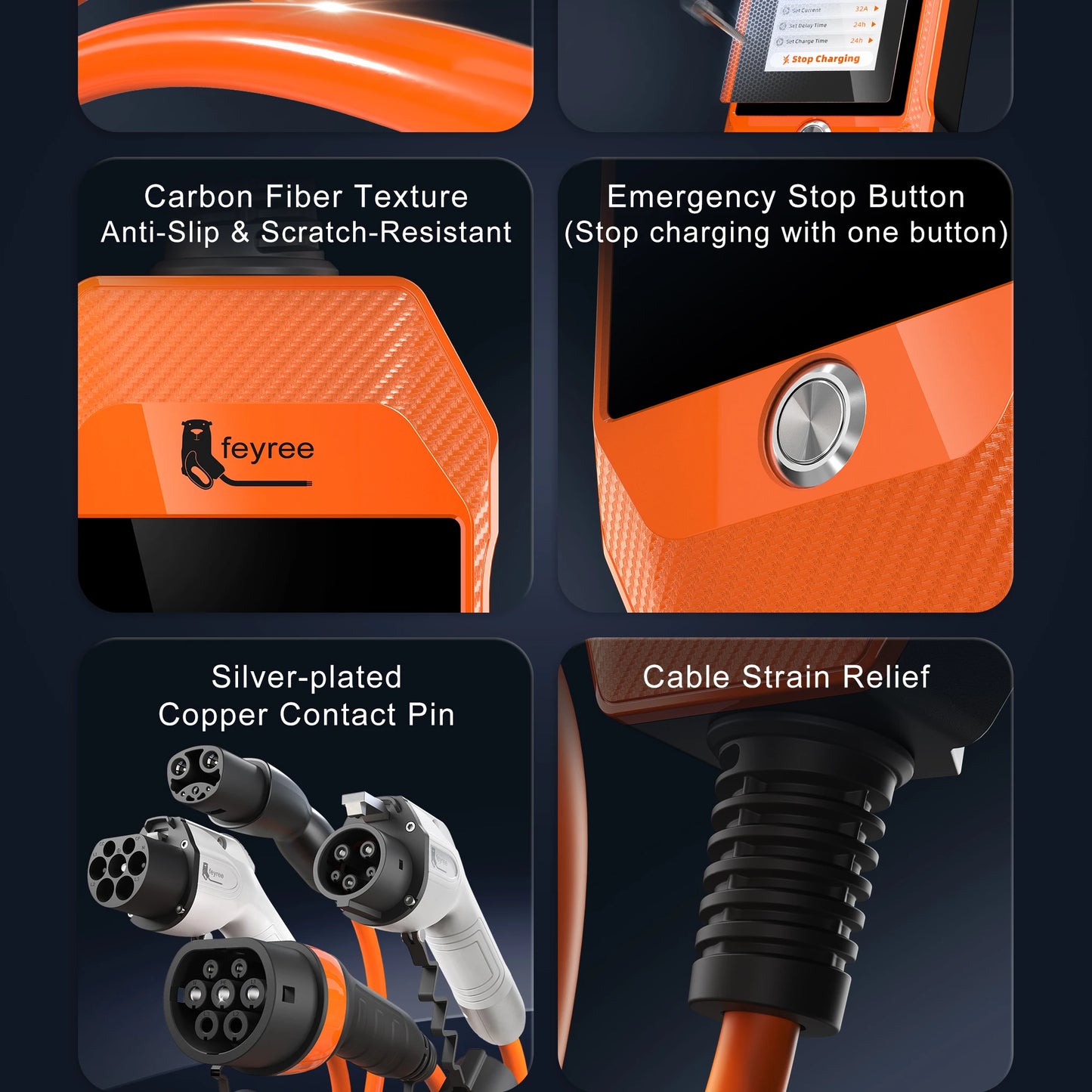 feyree Touch Screen Portable EV Charger Type2 / Type1 / GBT / TS-NACS Socket EV Charger 32A 7KW 1 Phase Smart APP Wi-Fi Control