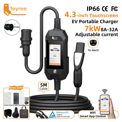 feyree 4.3Inch Touch Screen EV Charger 7kW 32A 1Phase TS-NACS Socket Smart WIFI APP Control EVSE Portable Box for Tesla EV Cars