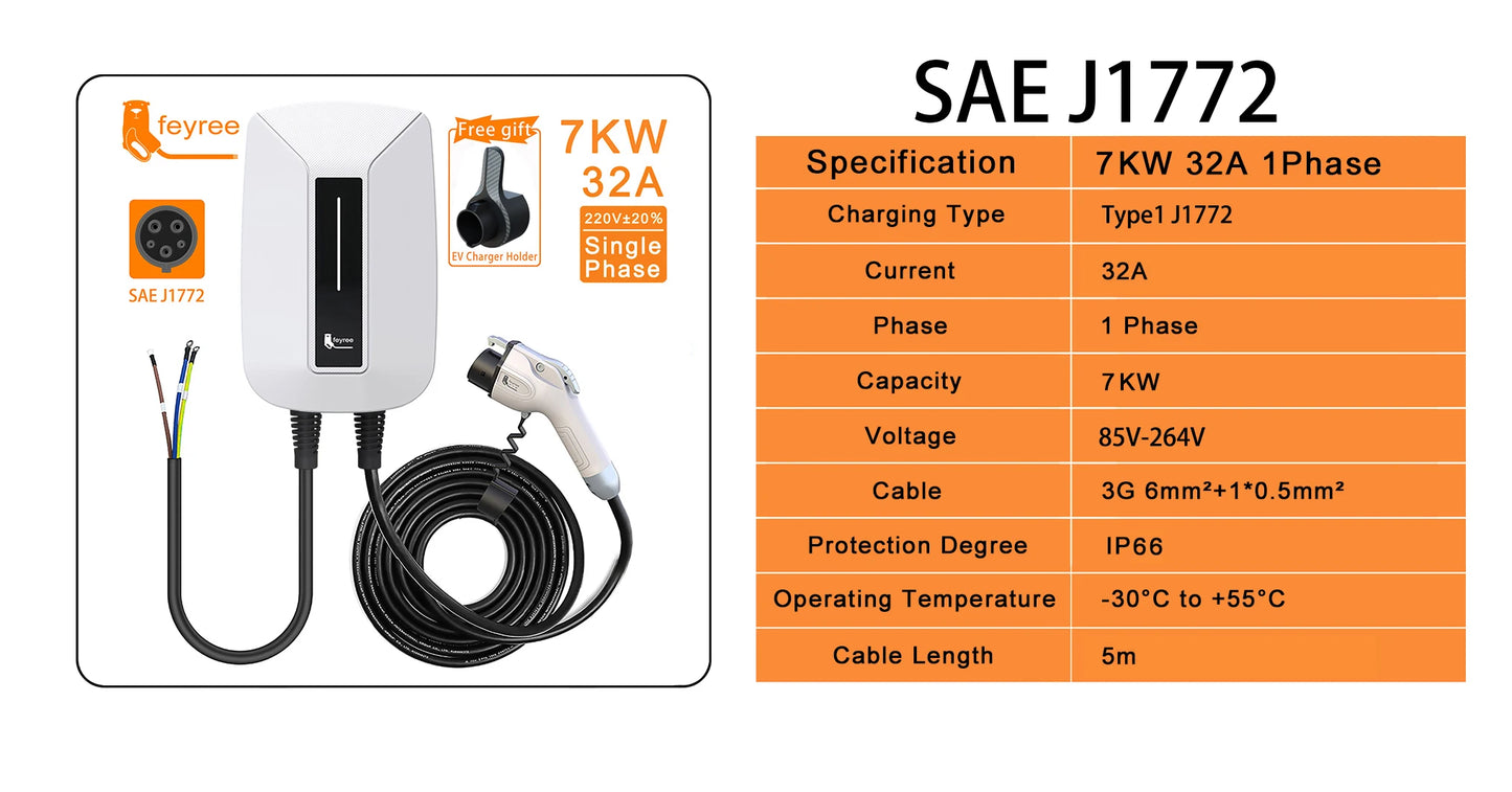 feyree EV Charger Type2 Plug EVSE Wallbox 32A 7KW IEC62196-2 Socket 1 Phase 5m Cable Wallmount Charging Station for Electric Car