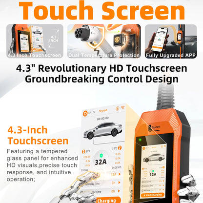 feyree Portable EV Charger 4.3" Touchscreen 7kW 32A GBT Plug, Smart APP WiFi Control, with Charging Log History for Electric Car