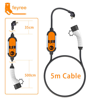feyree EV Portable Charger Type2 5m Cable 3.5KW 16A IEC62196 Socket 1Phase Type1 j1772 Socket with Schuko Plug for Electric Car
