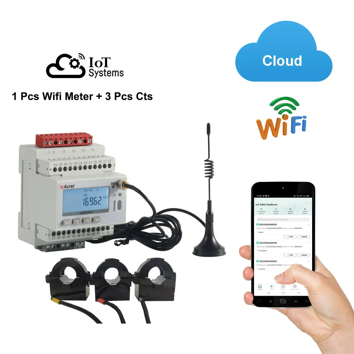 Acrel 1 Pcs IoT WIFI Wireless Smart Energy Meter 3 Phase MQTT RS485 Modbus-RTU with 3 Pcs Split Core 0-1000A Current Transformer