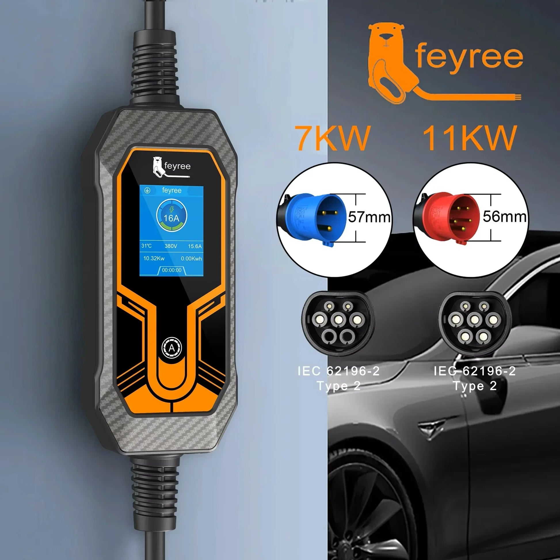feyree 32A 7KW Type2 EV Portable Charger 3.5KW 16A 1Phase EVSE Charging Box 11KW 16A 3Phase Car Charger for Electric Vehicle by 54Grid - Renewable Energy Store