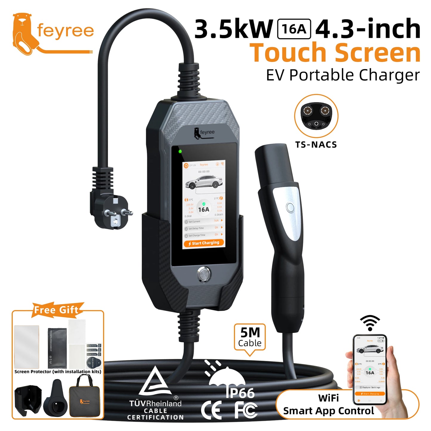 feyree Portable EV Charger For Tesla 3.5kW 16A 1Phase 4.3in Touchscreen With WiFi APP Control with Box Holder For EV Car Charger
