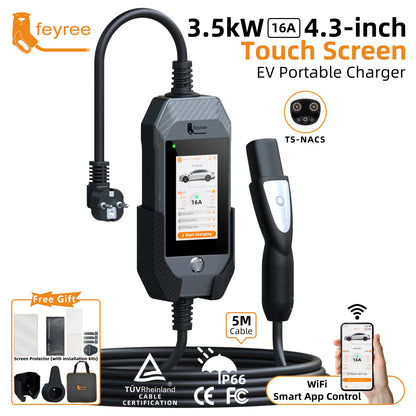 feyree Portable EV Charger For Tesla 3.5kW 16A 1Phase 4.3in Touchscreen With WiFi APP Control with Box Holder For EV Car Charger