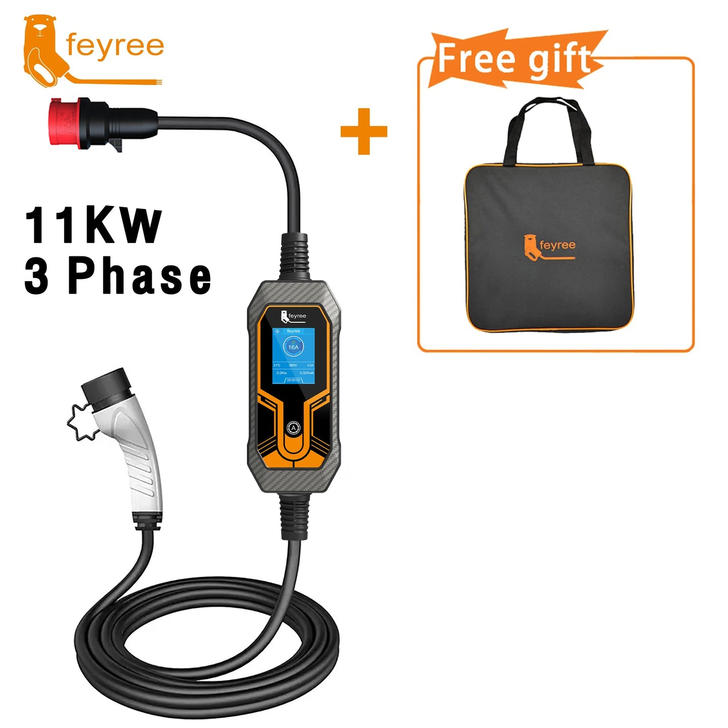 feyree EV Charger Portable Type2 11KW 16A 3 Phase EVSE Charging Box Current Adjustable CEE Male Plug for Electric Car Charger