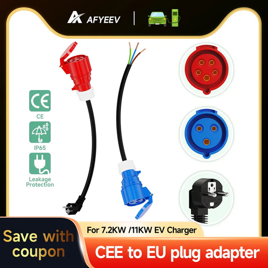 AFYEEV EV Charger Schuko Plug to CEE Red Power Female Plug 5 Pins Socket Adapter Connect with 16A 3 Phase 11KW Portable Charger