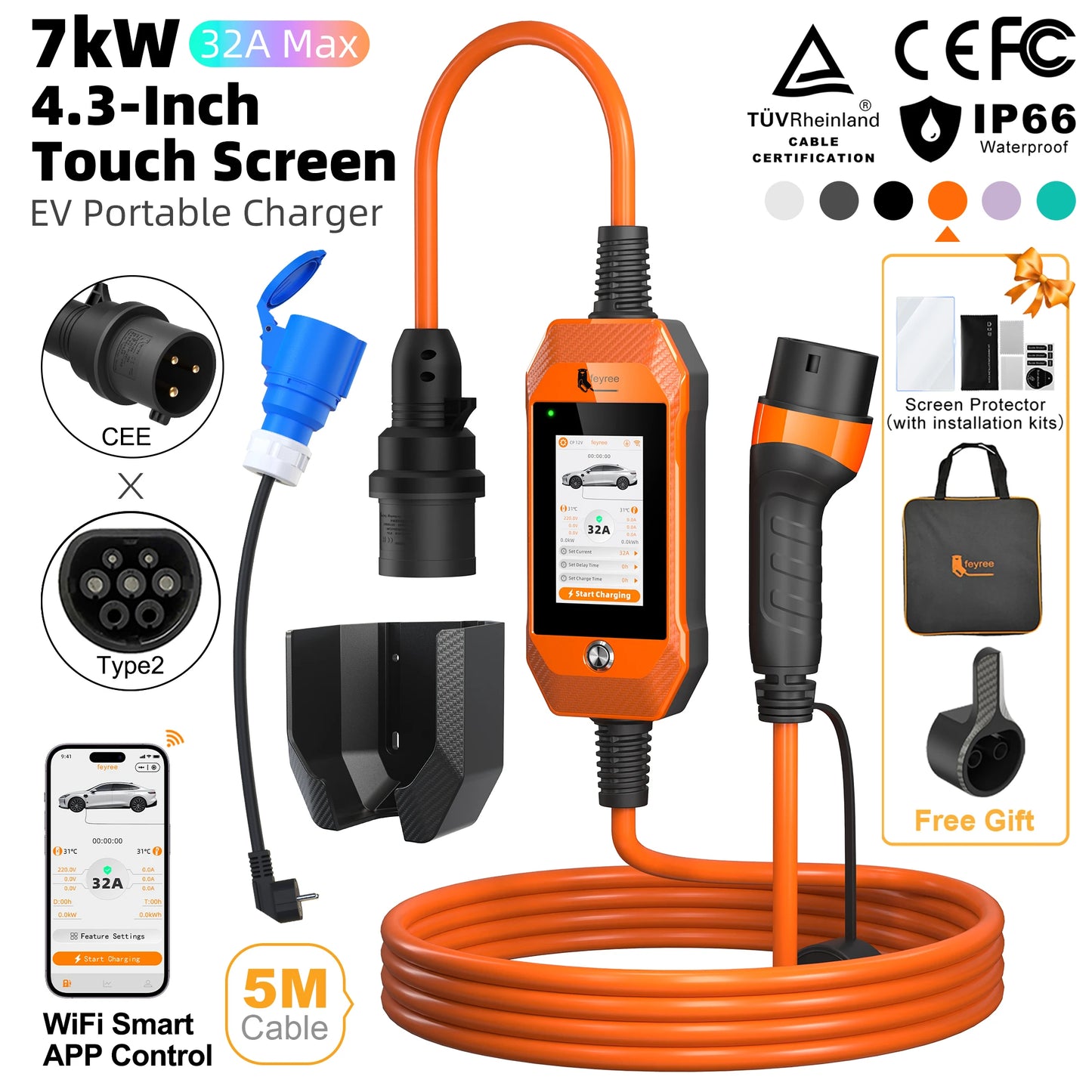 feyree 4.3 Inch Touch Screen Portable 7kW EV Charger Type2 Charging Plug with Smart Wifi APP AC Home Charger Professional Design