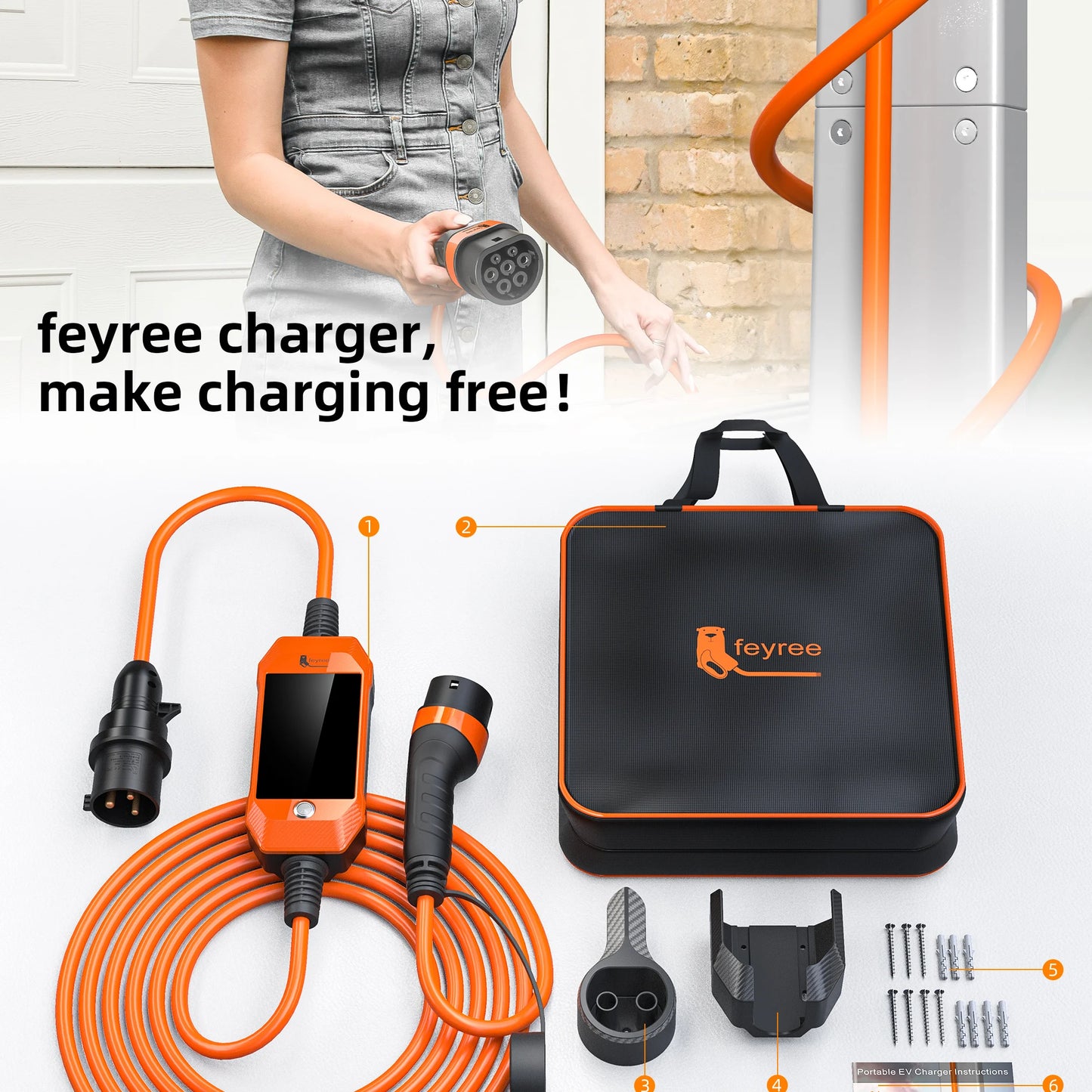 feyree 4.3 inch Touch Screen Type2 7kW 32A Adjustable Portable EV Charger with Adapter Smart APP Wi-Fi Control for Electric Cars