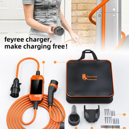 feyree 4.3 inch Touch Screen Type2 7kW 32A Adjustable Portable EV Charger with Adapter Smart APP Wi-Fi Control for Electric Cars
