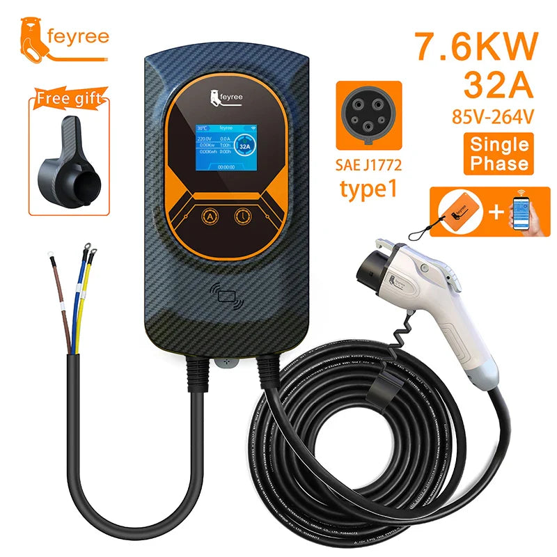 feyree EV Charger Type1 EVSE Wallbox 32A 7.6KW 40A 9.6KW 50A 12KW 1Phase j1772 Adapter APP Control for Electric Vehicle Car by 54Grid - Renewable Energy Store