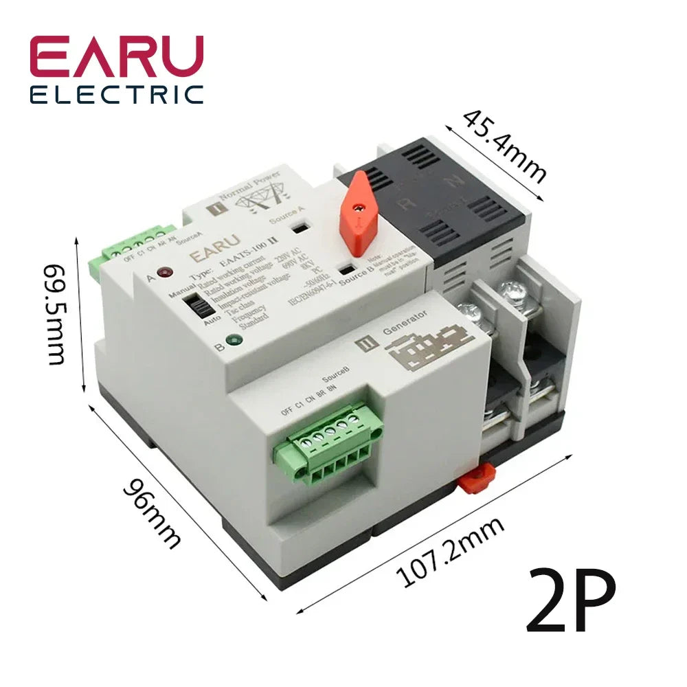 2/3/4P 100A 110V/220V Mini ATS Automatic Transfer Switch Electrical Selector Switches Dual Power Switch PV Solar Energy Din Rail by 54Grid - Renewable Energy Store